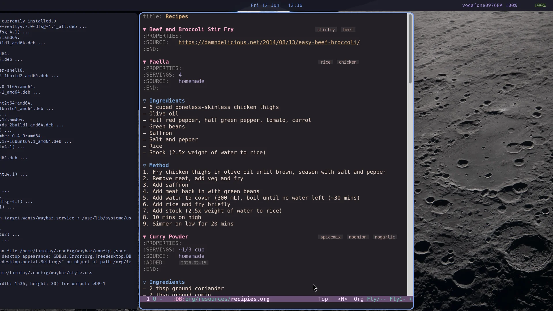 Niri desktop in Tokyo Night colours - an Emacs frame showing an org-mode file, with a terminal hanging off the left edge of the strip
